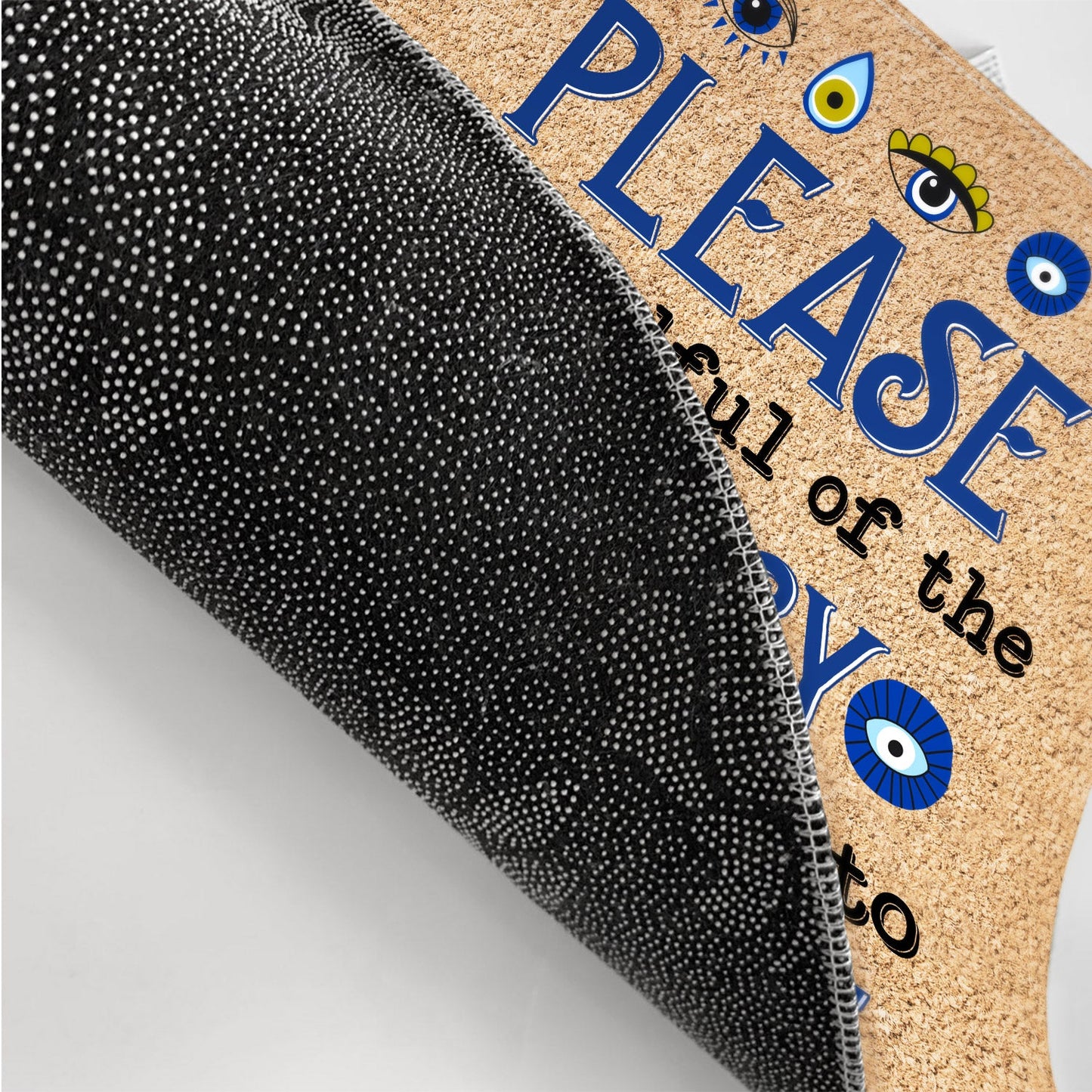 Personalized doormat with 'Please Be Mindful Of The Energy' quote, yoga theme, black and gold details