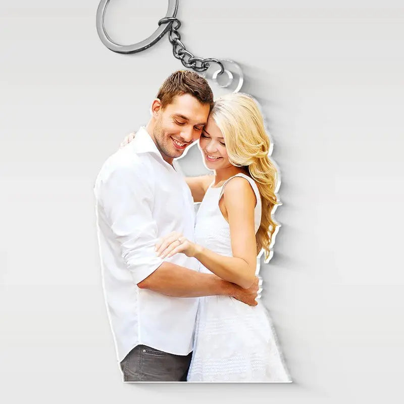 Personalized photo acrylic keychain for couples, stainless steel ring, romantic gift