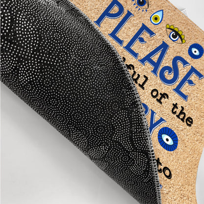 Personalized doormat with 'Please Be Mindful Of The Energy' quote, yoga theme, black and gold details