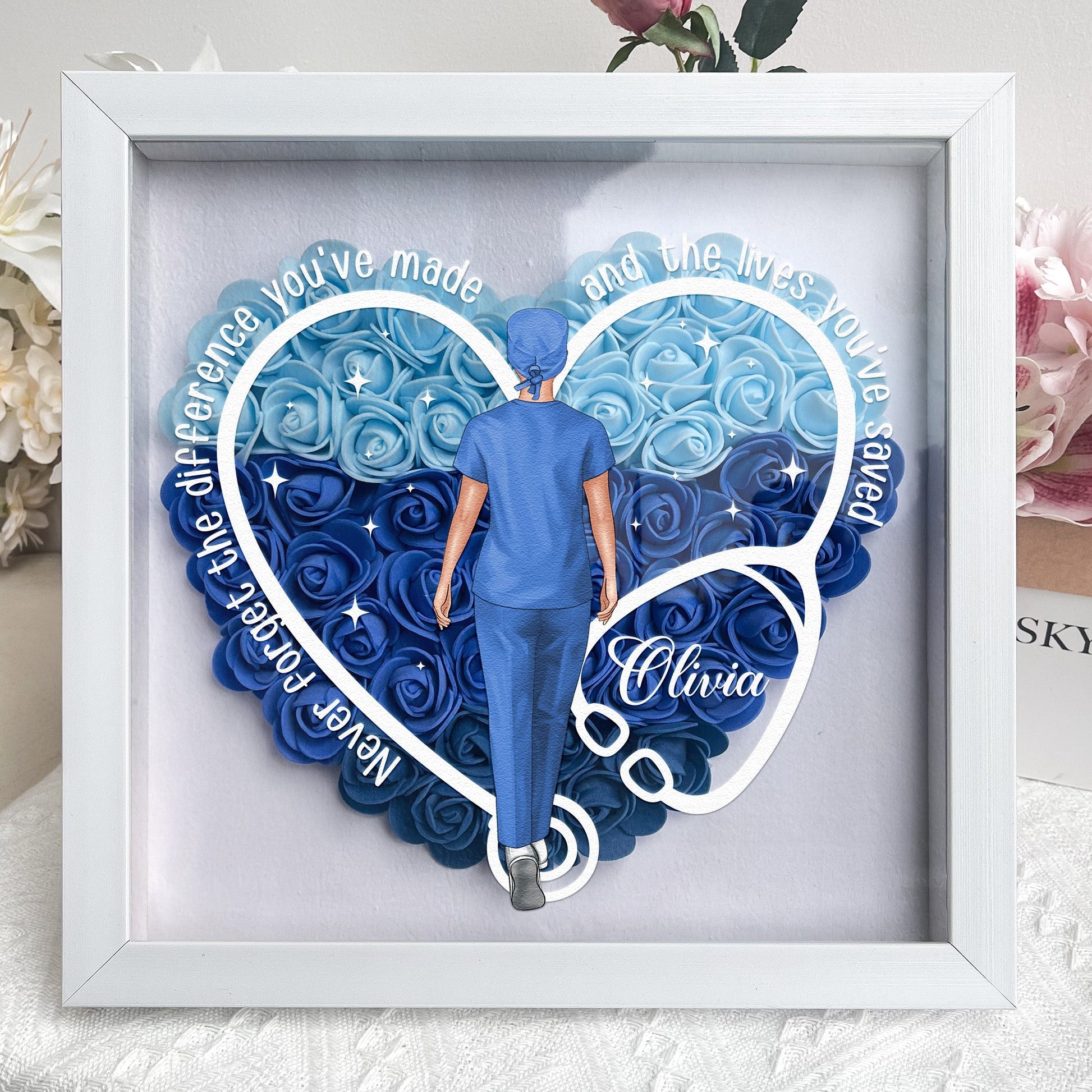 Personalized shadow box gift for nurses and doctors, heart design, with message.