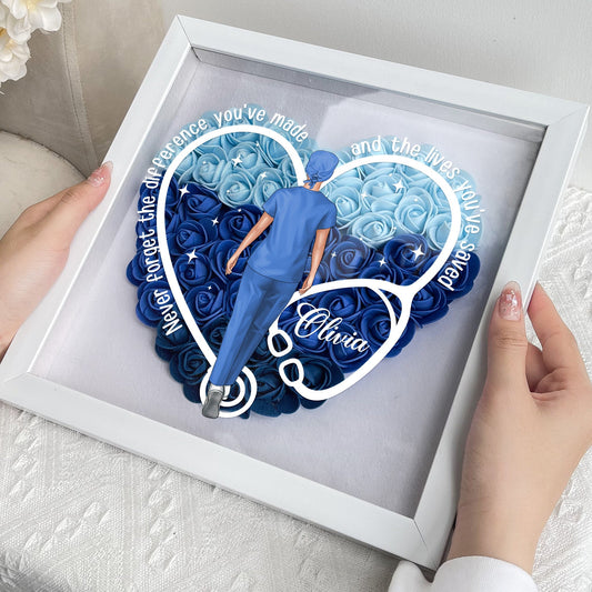 Heart-shaped flower shadow box, blue and white PE foam flowers, nurse and doctor gift, with stethoscope design.