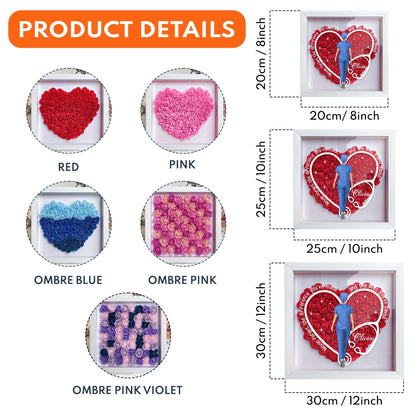 Flower shadow box product details with sizes and color options for nurses and doctors, MDF wood frame.