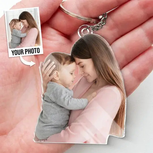 Personalized photo acrylic keychain featuring a mother and child with stainless steel ring, a perfect gift.