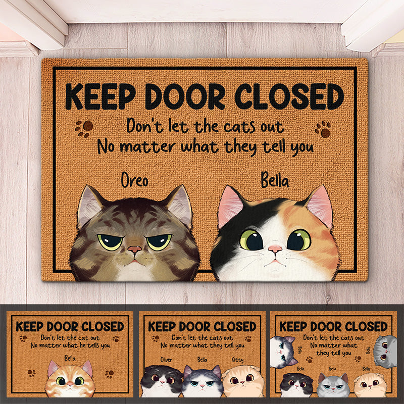 Personalized cat doormat with "Keep Door Closed" message, custom gift for cat lovers, decorative welcome mat.
