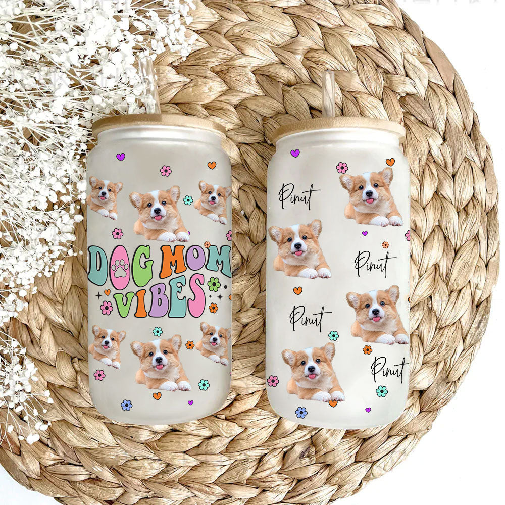 Personalized Frosted Glass Bottle with Dog Mom Vibes and Cutie Puppy Design