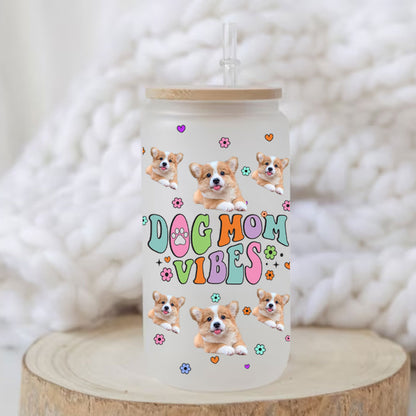 Dog Mom Vibes frosted glass bottle with bamboo lid, puppy design, perfect pet lover gift